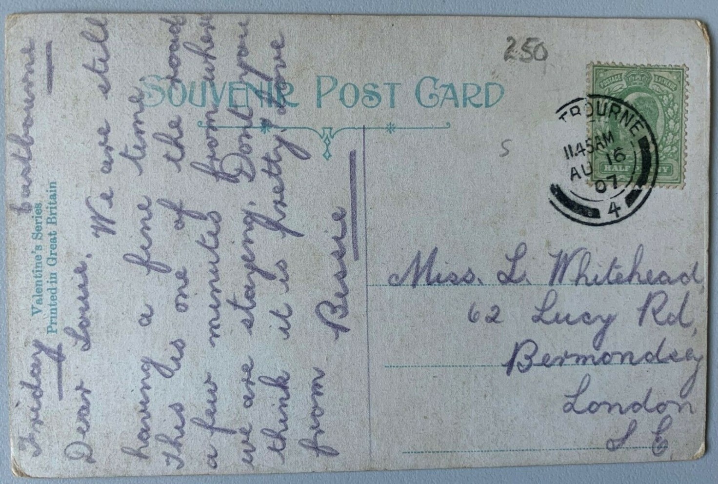 Lucy Road, postcard to Miss L Whitehead, from Eastbourne 1907.  X..jpg