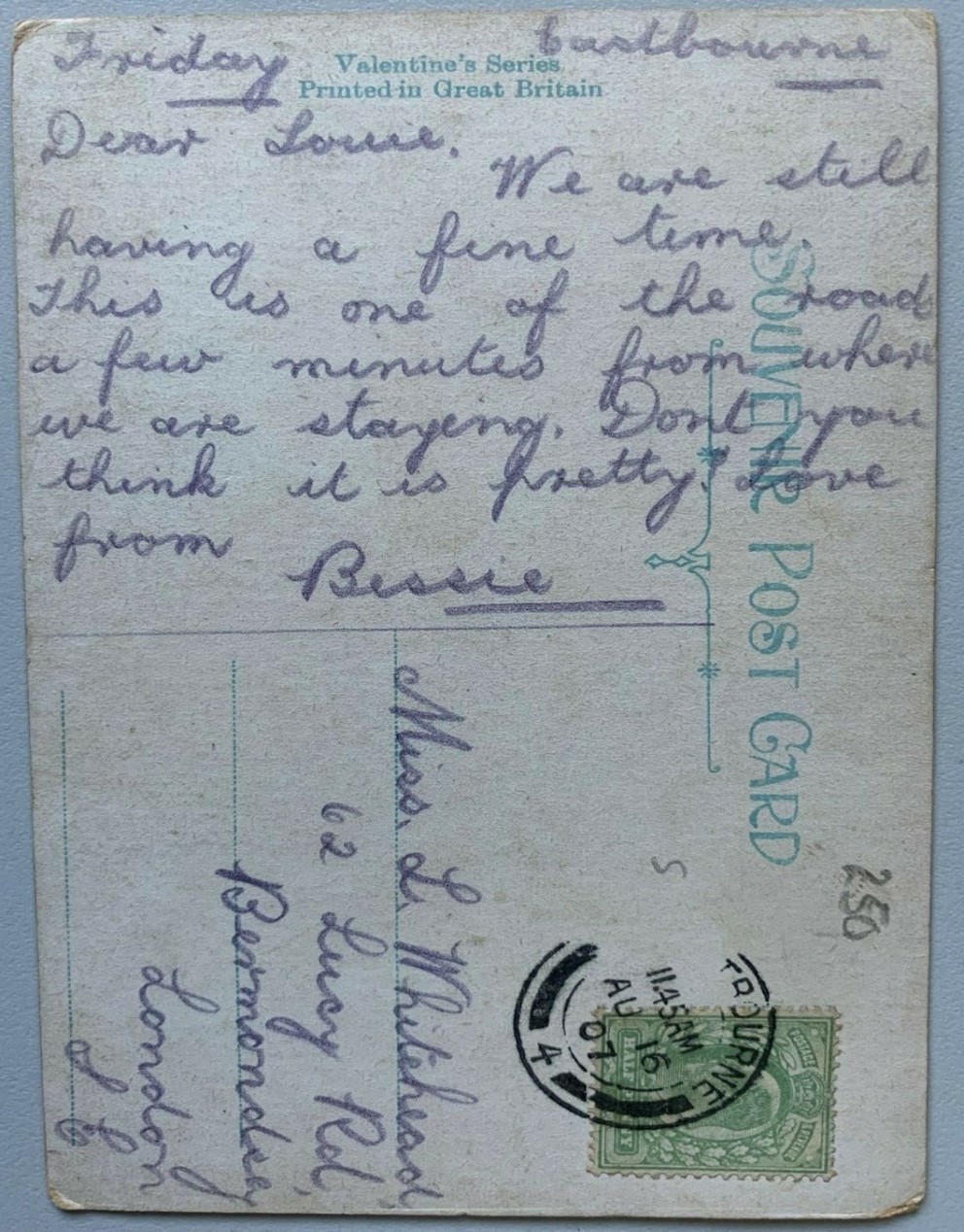 Lucy Road, postcard to Miss L Whitehead.  X..jpg