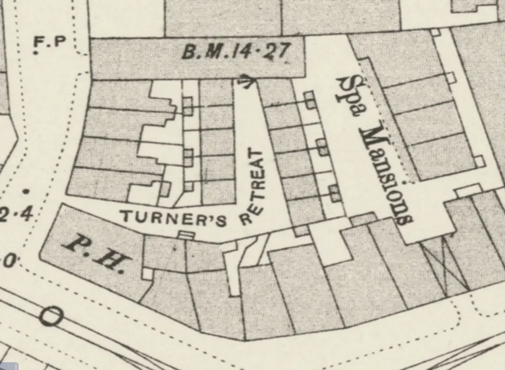 Turner’s Retreat was a small courtyard of 13 houses in Bermondsey,1893-96, off The Grange,Grange Road (bottom).  X..png