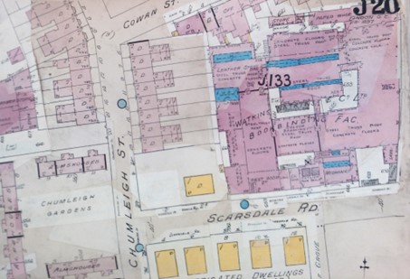 Scarsdale Road, showing Scarsdale Grove at the bottom.  The yellow squares are post-war prefabs – emergency housing on bomb sites.   X..jpg