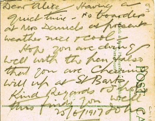 Madron Street 1917 Post Card to Mrs William (Alice) Saville, 15 Madron Street, Surrey Square, Walworth, London. 1  X.jpg