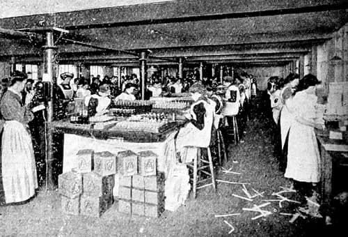 Southwark Park Road, 1911 Eonia Works, Bonded Finishing Room. Perfumes using duty-free alcohol are bottled, capped, labelled, and packed in cases.  X.png