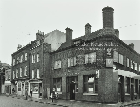 Union Street, Southwark c1972, Rose and Crown Pub on the corner with Ayres Street, formerly Whitecross Street.  X.png