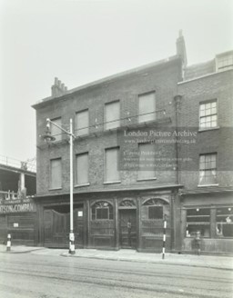 Union Street, Southwark, looking from O'Meare Street, Rose & Crown Pub to the right. Joseph Watson & Co. were yeast manufacturers.  X..jpg