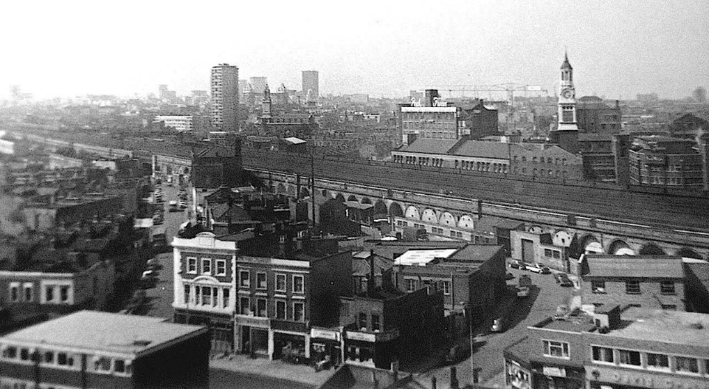 Anchor Street, picture taken from Pope House, Southwark Park Road in front with Peek Frean clock in the distance, late 1960s, before being demolished.   X..jpg