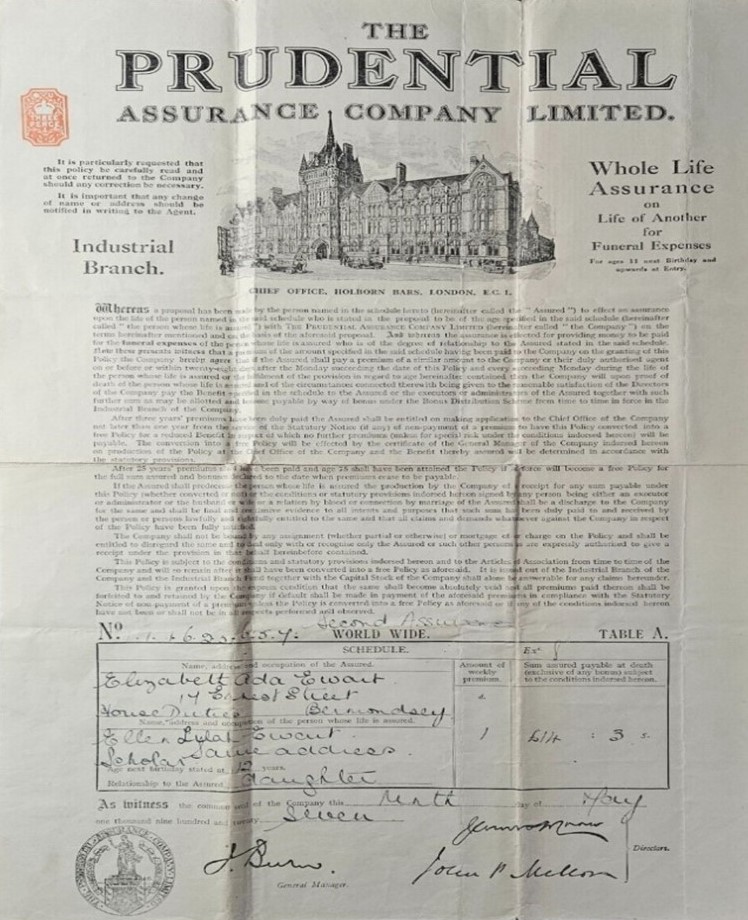 Canon Murnane Road, formally Ernest Street Large Prudential Insurance Certificate to Ewart, Ernest Street, Bermondsey 1927.  1. X..jpg