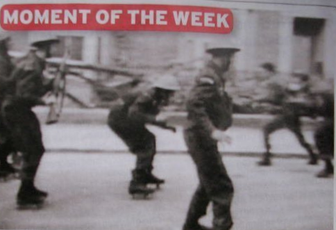 12. An April fool, no, this scene comes from a 1940s newsreel and shows a Home Guard Unit that was trained to Zoom into battle on Roller-Skates.  X..png