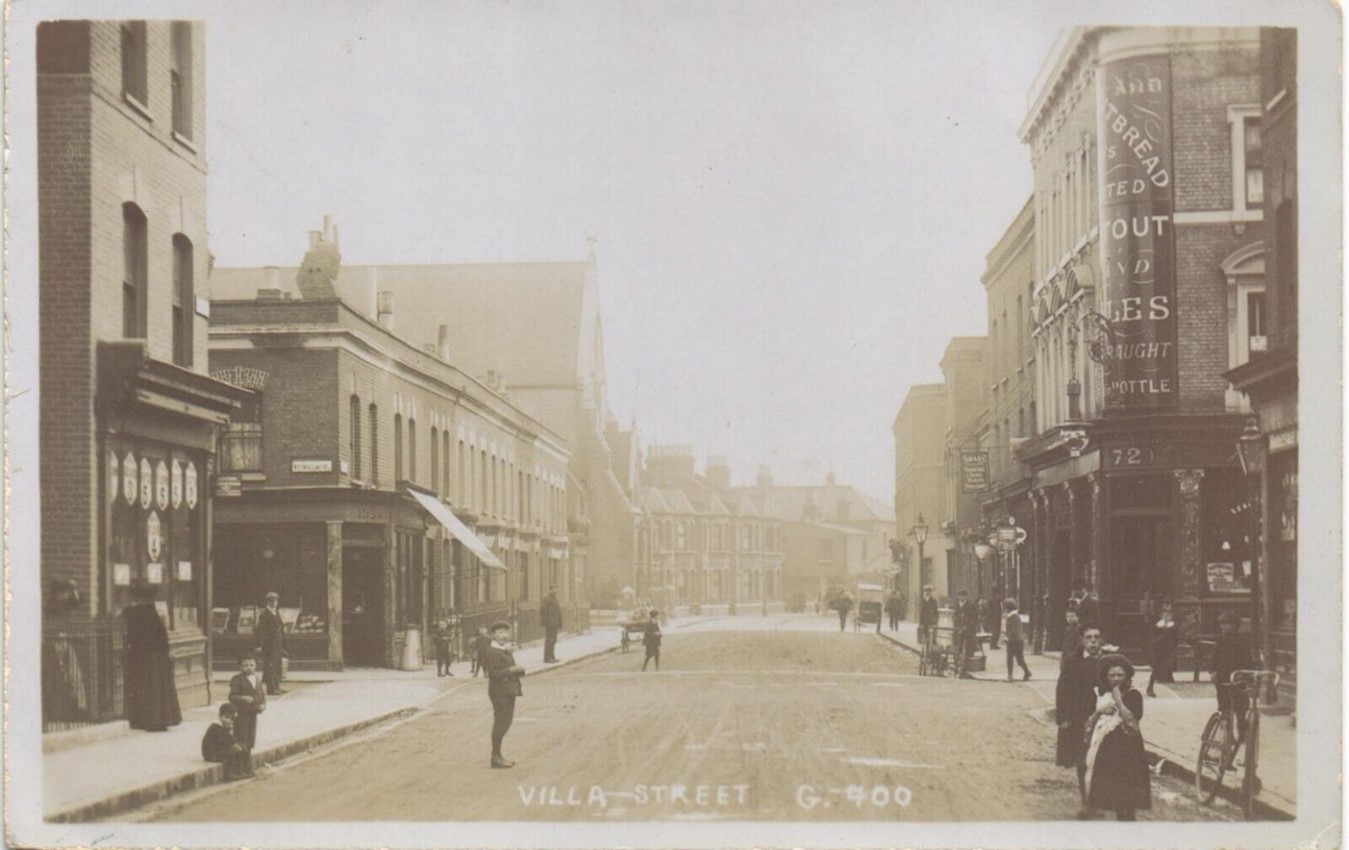 Villa Street, St Paul's Tavern on the right at the junction with Westmoreland Road. St Stephen's parish church left centre.  X..jpg