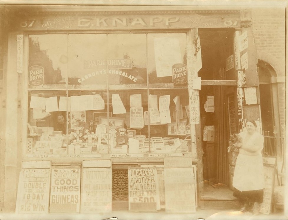 East Street, number 87a, c1930. Catherine Davis nee Knapp out front of the shop, with her sister in the window.  X .jpg