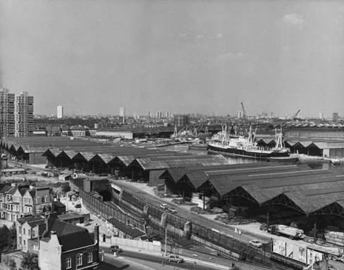 Surrey Commercial Docks, a view towards the timber sheds of Canada Dock, c1968.   X..png