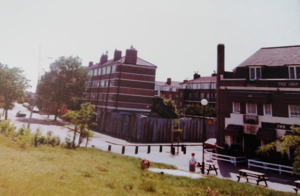 Elgar Street right with the Ship of York Pub, c1984. Oscar Court now left.  X..png