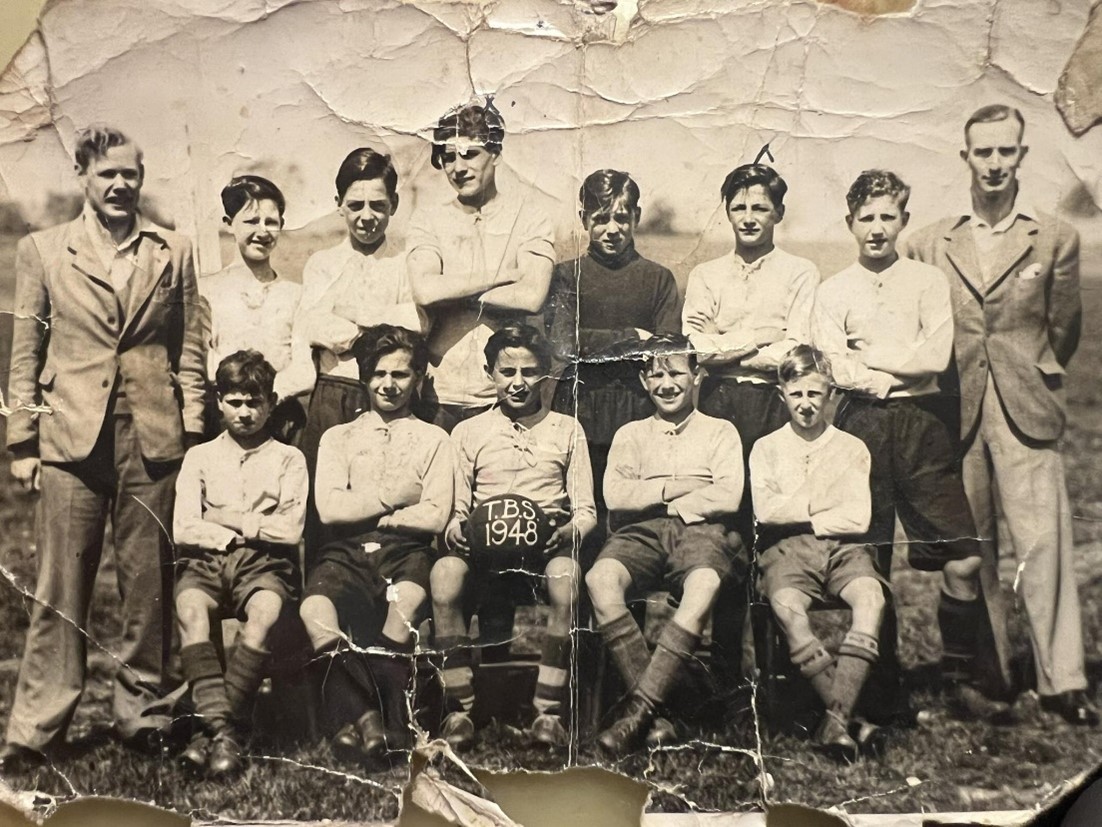 Tower Bridge  Road Secondary School, John Gelling cross above head, Alf  Spud Taylor  Goalkeeper, Arthur Jolley standing to the left of the goalkeeper.  X.jpg