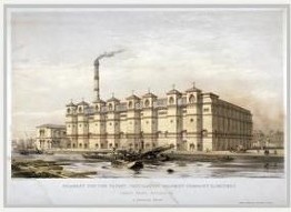 Rotherhithe Street ,the granary at Canada Wharf in about 1860, seen from the river.jpg