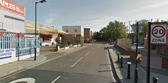Hyndman Street c2014, looking from Old Kent Road. Hyndman Place was on the left,roughly where the white building is.   X.png